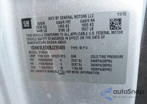 2011 Chevrolet Traverse Ltz from USA, damaged, VIN 1GNKVLED9BJ235489